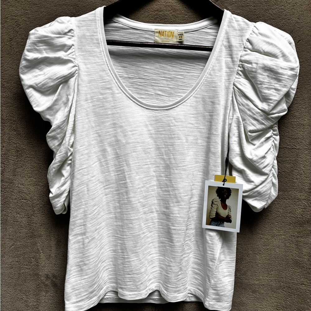 Nation LTD Ruched Puff Sleeve Top Women’s XS NWT 100% Cotton Elevated Chic Basic